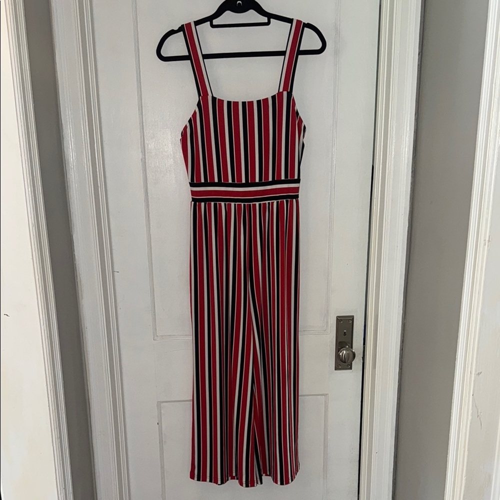 Express Red and Black Striped Jumpsuit with Wide-Leg Design